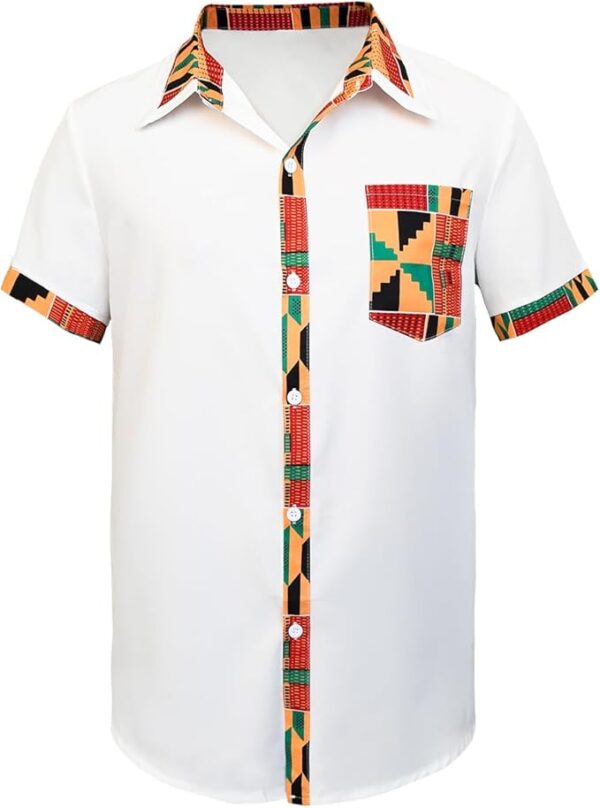 Men's Hipster African Printed Tribal Graphic Patchwork Design Short Sleeve Button up Shirt Mandarin Collar Shirts - Image 5