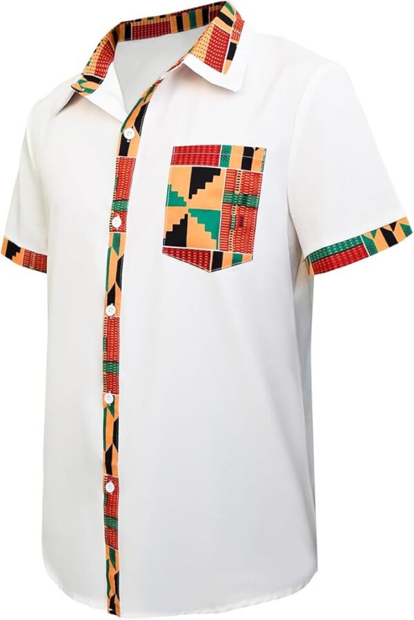 Men's Hipster African Printed Tribal Graphic Patchwork Design Short Sleeve Button up Shirt Mandarin Collar Shirts - Image 3