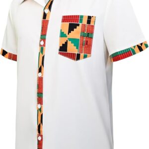 Men's Hipster African Printed Tribal Graphic Patchwork Design Short Sleeve Button up Shirt Mandarin Collar Shirts