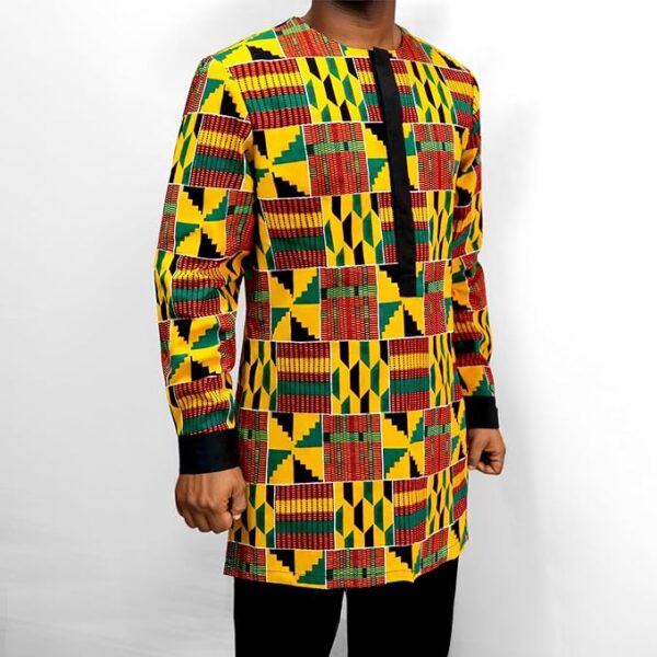 African Mens Shirt Traditional Long Sleeve Dashiki Print Cotton Wax Cloth Top - Image 2