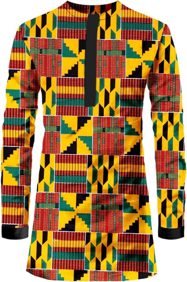 African Mens Shirt Traditional Long Sleeve Dashiki Print Cotton Wax Cloth Top - Image 5
