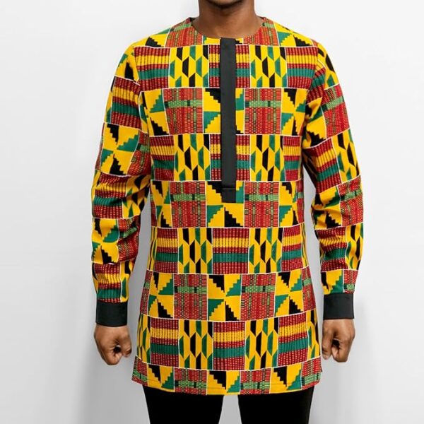African Mens Shirt Traditional Long Sleeve Dashiki Print Cotton Wax Cloth Top - Image 3