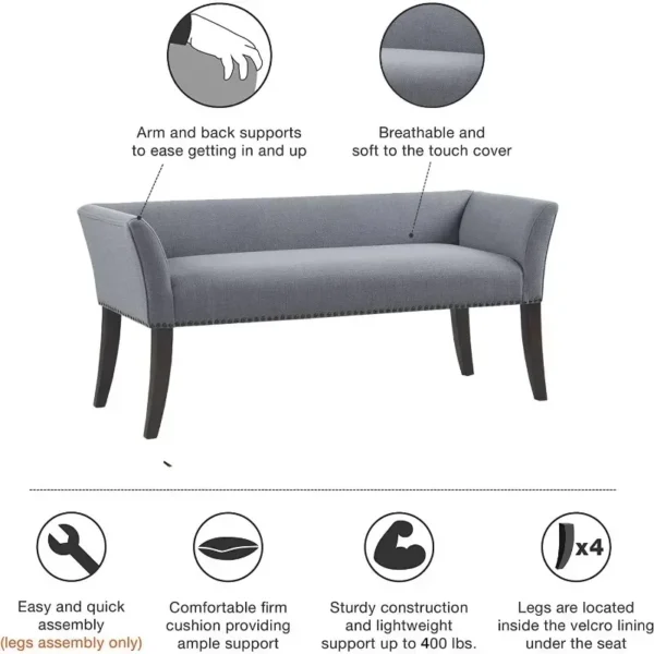 Upholstered tufted entrance bench, upholstered seat, mid-century modern fabric ottoman, slate blue durable - Image 4