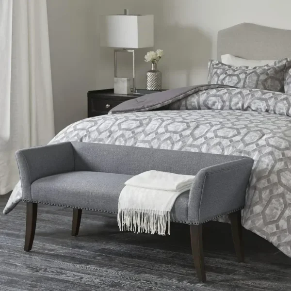 Upholstered tufted entrance bench, upholstered seat, mid-century modern fabric ottoman, slate blue durable - Image 2
