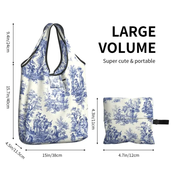 French Navy Blue Toile De Jouy Motif Pattern Grocery Shopping Bag Shopper Tote Shoulder Bag Large Traditional France Art Handbag - Image 6