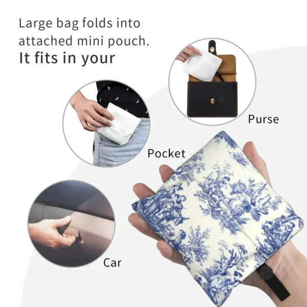 French Navy Blue Toile De Jouy Motif Pattern Grocery Shopping Bag Shopper Tote Shoulder Bag Large Traditional France Art Handbag - Image 3