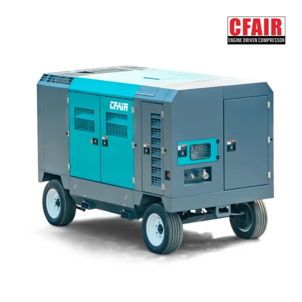 CFAIR engine driven compressor on wheels with a teal and gray exterior.