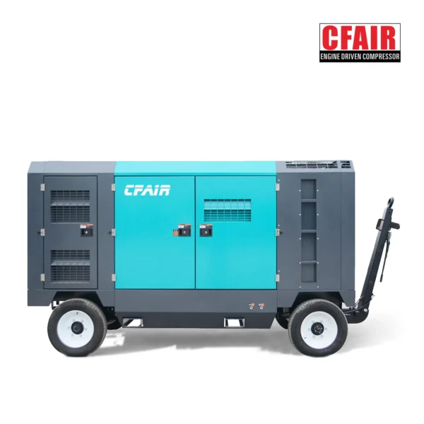 CFAIR engine driven air compressor with a blue and gray exterior and wheels for mobility.
