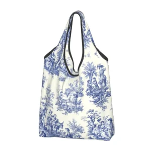 French Navy Blue Toile De Jouy Motif Pattern Grocery Shopping Bag Shopper Tote Shoulder Bag Large Traditional France Art Handbag
