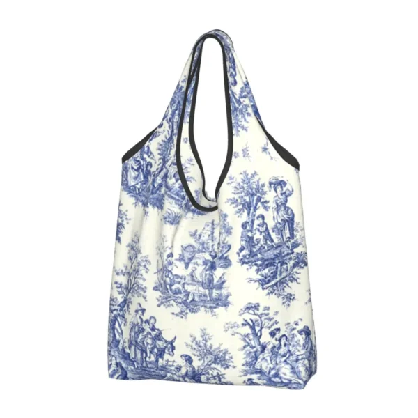 French Navy Blue Toile De Jouy Motif Pattern Grocery Shopping Bag Shopper Tote Shoulder Bag Large Traditional France Art Handbag