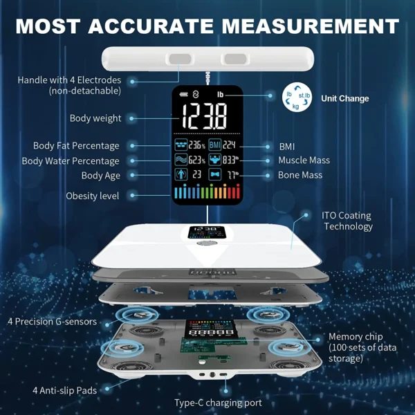 Scales for Body Weight and Fat,8 Electrode Body Fat Scale Large Display BMI Weight Scale Body Composition Monitor with Report - Image 5