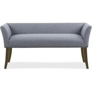 Upholstered tufted entrance bench, upholstered seat, mid-century modern fabric ottoman, slate blue durable