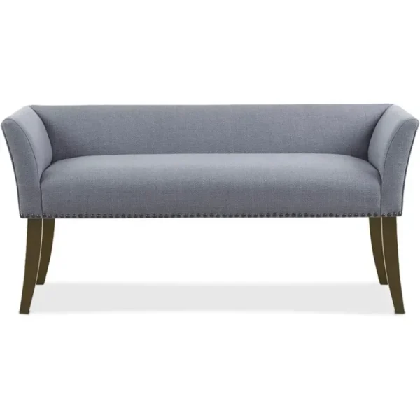 Upholstered tufted entrance bench, upholstered seat, mid-century modern fabric ottoman, slate blue durable