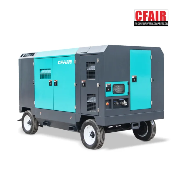 CFAIR engine driven air compressor with a blue and gray exterior and wheels for mobility.