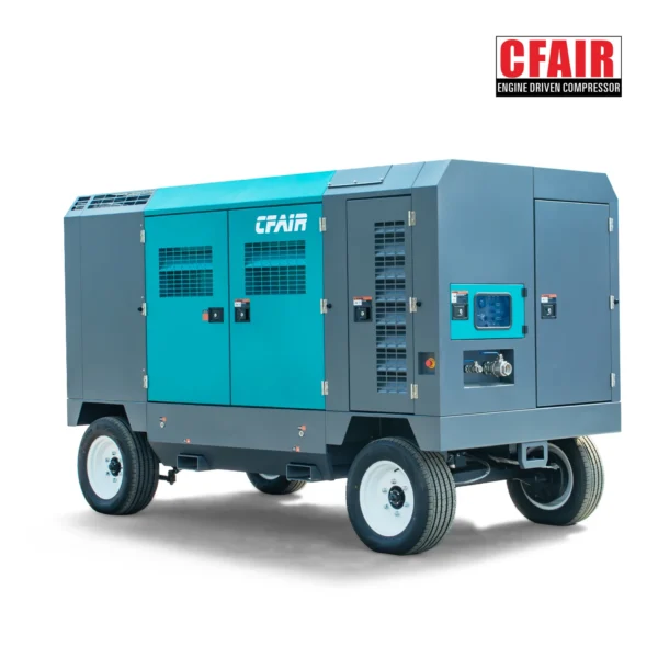 CFAIR engine driven compressor on a wheeled trailer with a blue and gray exterior.