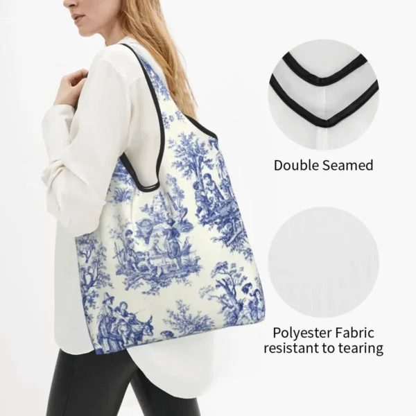 French Navy Blue Toile De Jouy Motif Pattern Grocery Shopping Bag Shopper Tote Shoulder Bag Large Traditional France Art Handbag - Image 2